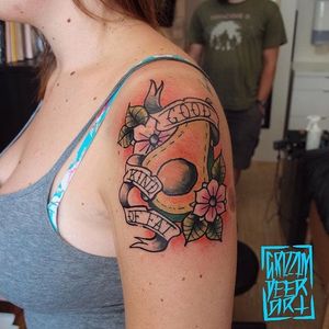 Avocado = the good kind of fat. Tattoo by Roland Kern. #neotraditional #banner #lettering #fruit #avocado #RolandKern