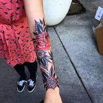 Floral forearm piece by @kirk_jones_tattoo #roses #traditional #kirkjones
