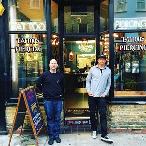 Artist Guy Sahar and Ami James in front of the Love Hate Social Club London shop via @amijames #londontattooconvention #lovehate #amijames #tattooshops #tattoo #guysahar