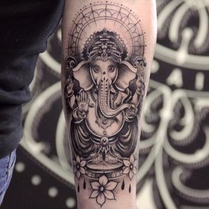Ganesha by Xav #Xav #neotraditional #newtraditional #blackandgrey #Hindu #Ganesha #elephant #deity #sun #jewelry #crown #flowers #teardrops #pearls #gems #floral #jewel #pattern #linework #tattoooftheday