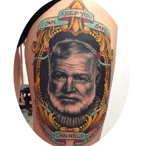 Hemingway by Megon Shoreclay (via IG -- ffom_tattoo) #megonshoreclay #ernest #ernesttattoo #hemingway #hemingwaytattoo