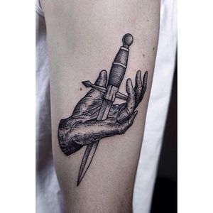 Stabbed Hand Tattoo by Pavlo Balytskyi #blackwork #blackworktattoo #illustrative #illustrativetattoo #blackink #PavloBalystskyi