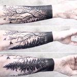 Gorgeous wrist tattoo by Caitlin Thomas #CaitlinThomas #leaflesstree #tree #noleaves #fall #nature #blackwork #dotwork #greyandblack