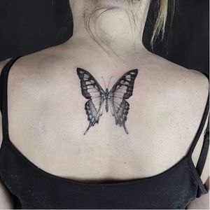 Lovely butterfly tattoo by Ed Taemets #EdTaemets #blackandgrey #blackwork #butterfly