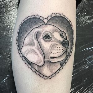 Dog tattoo by Amy Victoria Savage #AmyVictoriaSavage #dotwork #animal #dog #heart