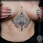 Sacred geometric underboob tattoo by Coen Mitchell. #CoenMitchell #sacredgeometric #sacredgeometry #underboob #butterfly #pointillism #geometric