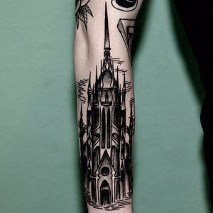Blackwork cathedral tattoo by Ilja Hummel. #blackwork #cathedral #IljaHummel #architecture #architecturetattoo