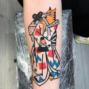 Abstract kimono cat tattoo by Luca Font #LucaFont #cattattoos #color #newschool #graphic #abstract #cat #mouse #kimono #pattern #teapot #tea #Japanese #mashup #linework