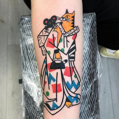 Abstract kimono cat tattoo by Luca Font #LucaFont #cattattoos #color #newschool #graphic #abstract #cat #mouse #kimono #pattern #teapot #tea #Japanese #mashup #linework