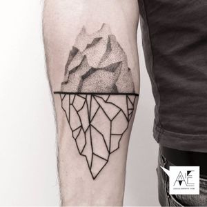 Iceberg tattoo by Axel Ejsmont. #AxelEjsmont #iceberg #blackwork #ice #mountain #arctic #geometric #dotwork