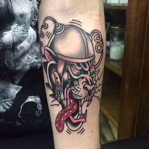 Awesome panther tattoo by Tattoo Rom. #TattooRom #panther #traditional #helmet