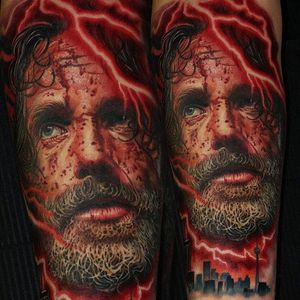 Rick from the Walking Dead shrouded in red lightning via Mario Hartmann (IG—mario_hartmann_tattooist). #color #MarioHartmann #portraiture #realism #Rick #TheWalkingDead