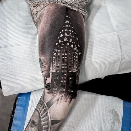 New York tattoo by Bang Bang. #BangBang #NYC #NewYork #BangBangNYC #skyscraper #chrysler