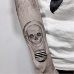 Skull lightbulb tattoo by Marla Moon #MarlaMoon #skulltattoos #linework #illustrative #blackandgrey #skull #skeleton #bones #lightbulb #light #electricity #idea #death #tattoooftheday