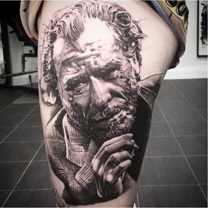 Bukowski tattoo by Andy Blanco #bukowski #CharlesBukowski #AndyBlanco #literature #writer #poet #portrait #blackandgrey