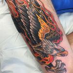Boldness from Beau Brady in this piece depicting an eagle diving in flames. #banger #BeauBrady #bold #eagle #flames #traditionalamerican