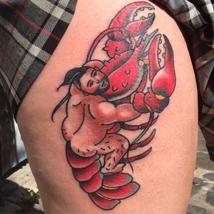 Big boy pin up tattoo by Jamie August. #JamieAugust #pinup #bigboypinup #man #pinupman #lobster #trad #traditional #traditionalamerican