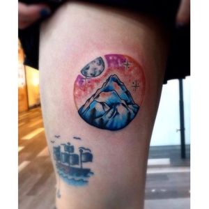 Mini mountain tattoo by Leah Sharples #LeahSharples #neotraditional #mountain #landscape #moon #stars