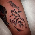 Cigarette tattoo by Tony Talbert. #cigarette #smoking #smoke