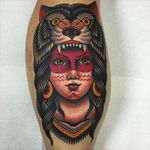 Native girl traditional tattoo by @jacobdoneytattoo #jacobdoneytattoo #traditional #nativegirl #traditionaltattoo #envisiontattoostudio