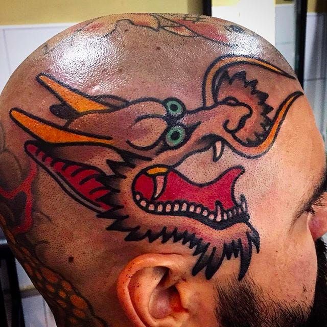 Tattoo Uploaded By Minerva Dragon Head On The Head Tattoo By Elmongasasturain Elmongasasturain Traditional Neotraditional Alohatattoos Barcelona Spain Dragon Headtattoo Tattoodo