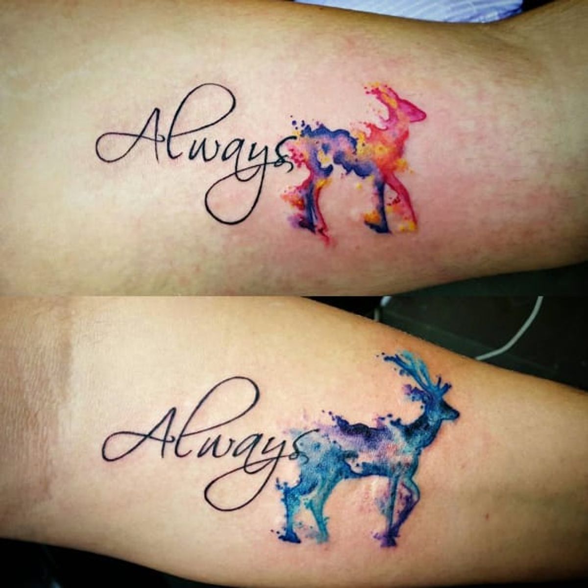 Tattoo uploaded by Tattoodo • Beautiful watercolor stag and doe couple  tattoos by @_glitterpoops on Instagram #coupletattoo #coupletattoos  #matchingtattoos #romantic #tattooedcouple #lovetattoos #doe #stag #animals  #watercolor • Tattoodo