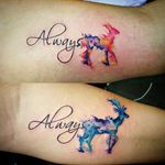 Beautiful watercolor stag and doe couple tattoos by @_glitterpoops on Instagram #coupletattoo #coupletattoos #matchingtattoos #romantic #tattooedcouple #lovetattoos #doe #stag #animals #watercolor