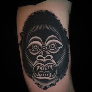Scary blackwork gorilla, by Ross Jones #RossJones #GorillaTattoo #blackwork #gorilla #linework #animal