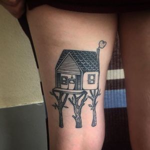 Blackwork tree house tattoo by Horny Pony. #blackwork #HornyPony #house #tree #treehouse