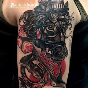 Horse Tattoo by Carlos Fabra #horse #neotraditional #neotraditionalartist #redandblack #twocolor #CarlosFabra