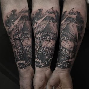 Ship Tattoo by Edgar Ivanov #Ship #BlackandGrey #BlackandGreyRealism #BlackandGreyTattoos #PortraitTattoos #Realism #EdgarIvanov