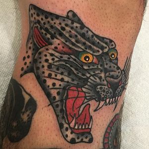 Ferocious via instagram mikeyholmestattooing #leopard #traditional #cat #color #bigcat #MikeyHolmes