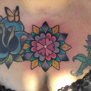 Flower Tattoo by Nick Stambaugh #flower #flowertattoo #traditonal #traditionaltattoo #brighttattoos #neon #neontattoo #colorful #quirky #creativetattoos #NickStambaugh