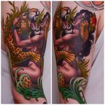 Erotic neo traditional half sleeve tattoo by Peter Lagergren. #leopard #pinup #neotraditional #peterlagergren #PeterLagergren