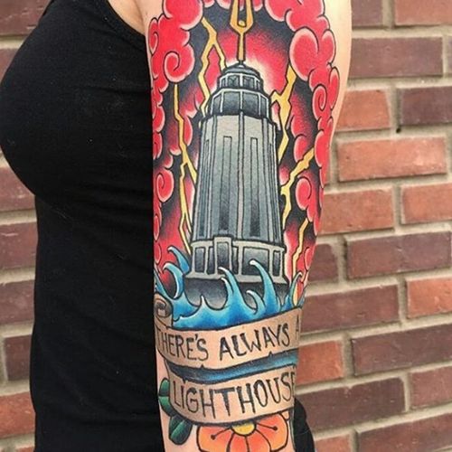 A traditional lighthouse that takes after the on from BioShock by James Mullin (IG—jamesmullintattoos). #2K #BioShock #James Mullin #lighthouse #traditional #videogametattoos
