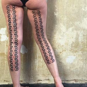 Insane looking leg tattoos done by Brody Polinsky. #BrodyPolinsky #UNIV_ERSE #blacktattoos #patterntattoo #blackwork #legsleeve