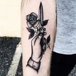 Switchblade and Rose tattoo by Mike Adams @mikeadamstattoo #stippling #dotshade #dotshading #mikeadams #mikeadamstattooing #rose #knife