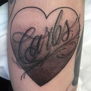 We <3 carbs! By Kaitlin Greenwood. #neotraditional #KaitlinGreenwood #heart #carbs #lettering #blackandgrey