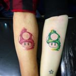Mario Bros tattoos by Anderson Felix #coupletattoo #coupletattoos #matchingtattoos #romantic #tattooedcouple #lovetattoos #watercolor #watercolortattoo #supermariobros #mariobros