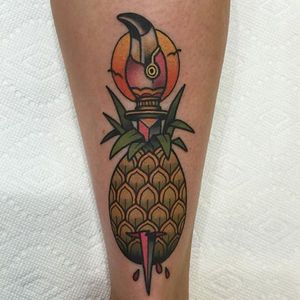 A tropic take on the classic dagger tattoo from James Cumberland's portfolio (IG—jamescumberland). #dagger #JamesCumberland #pineapple #traditional #unusual