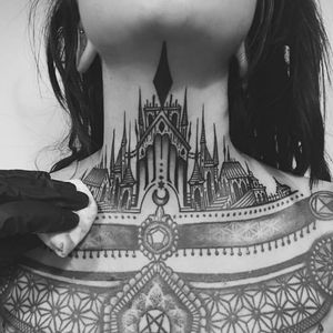 Black castle tattoo by Theives Of Tower (photo from their Instagram) #necktattoo #theivesoftower # blacktattoos #castle