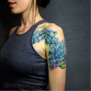 Shoulder flower tattoo by Pete Zebley #PeteZebley #flower #flowers #realism #photorealism #realistic