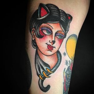 Cat Lady Tattoo by Christopher Ayalin #catlady #ladyhead #traditional #oldschool #traditionalartist #ChristopherAyalin