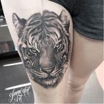 TIger tattoo by Kizzey Maclean via Instagram @kizzeymacleanart #tiger #tigertattoo #blackandgrey #realism #KizzeyMaclean