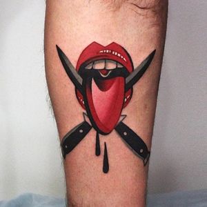 That rocks! Tattoo by Denis Marakhin #knife #mouth #lips #redblack #DenisMarakhin