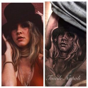 Stevie Nicks portrait tattoo by Teneile Napoli. #realism #portrait #blackandgrey #StevieNicks #TeneileNapoli