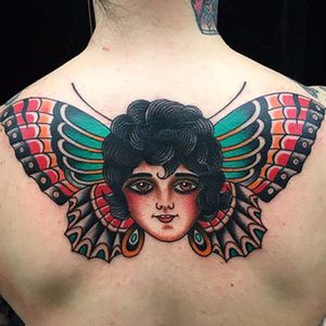 Butterfly Babe. (Via Instagram andreagiulimondi)  #andreagiulimondi #traditional #ladyhead #girl #moth #butterfly