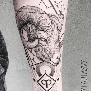 Ram tattoo by Vytautas Vy. #VytautasVy #blackwork #ram #dotwork #geometric