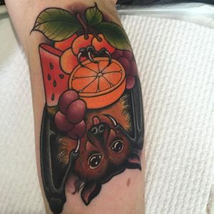 Fruit bat tattoo by Clare Clarity. #bat #fruit #fruitbat #neotraditional #ClareClarity