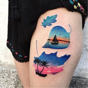 Folhinhas #DariaStahp #gringa #neotraditional #degrade #fullcolor #sillhouette #silhueta #landscape #paisagem #sobreposição #overlap #folha #leaf #beach #praia #arvore #tree #barco #boat #sun #sol #ceu #sky